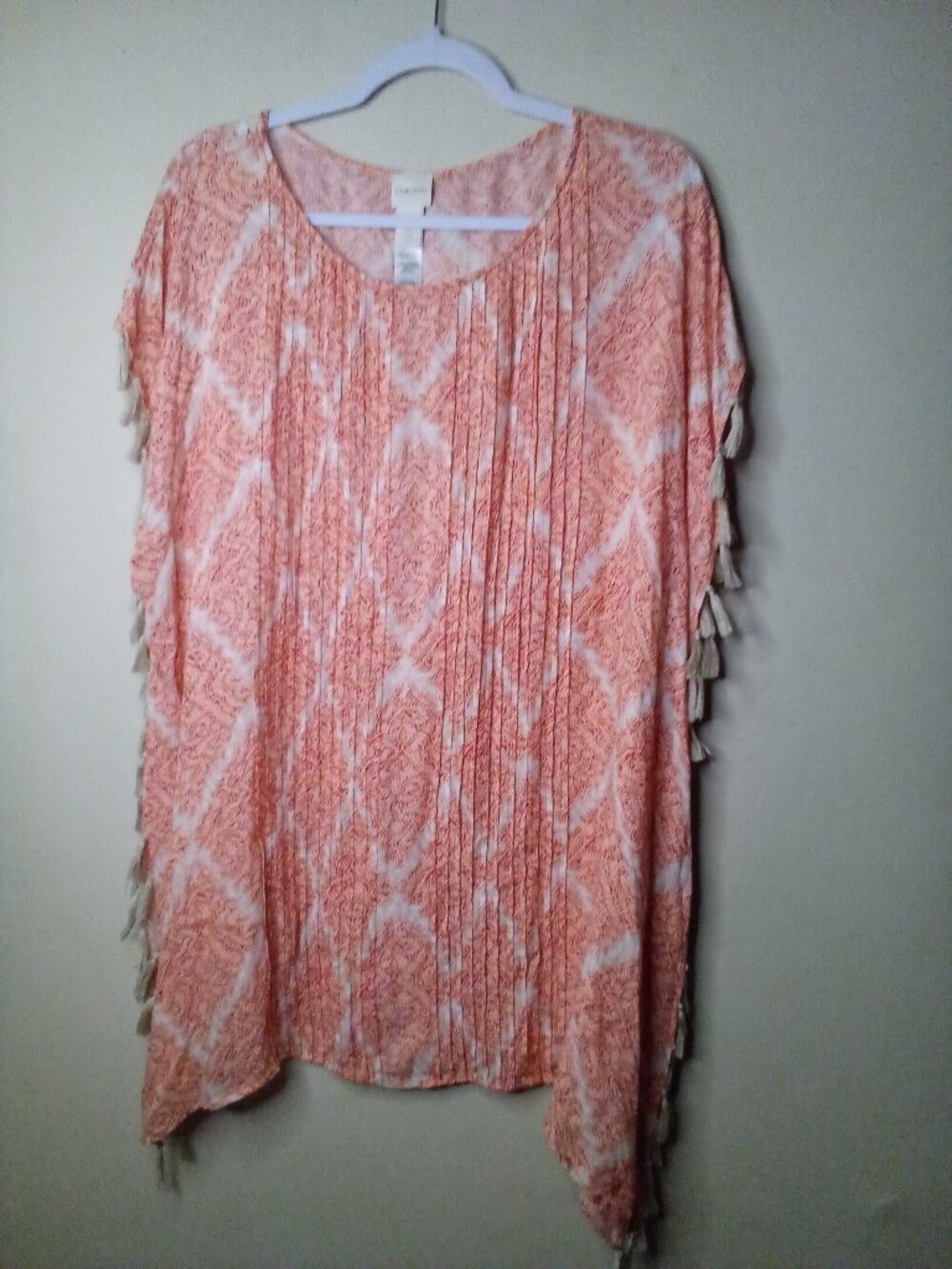 Chico's Blouse Women S M Open Sides Short Sleeve Fringe Pattern Orange Red